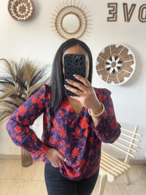 Blouse  bleu marine à col V et motifs fleuris