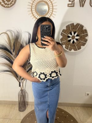 Top crochet à fleurs – Beige & Noir