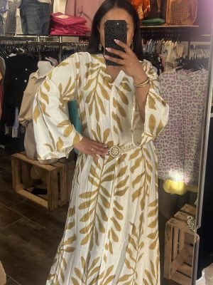 Robe longue imprimée feuillage moutarde
