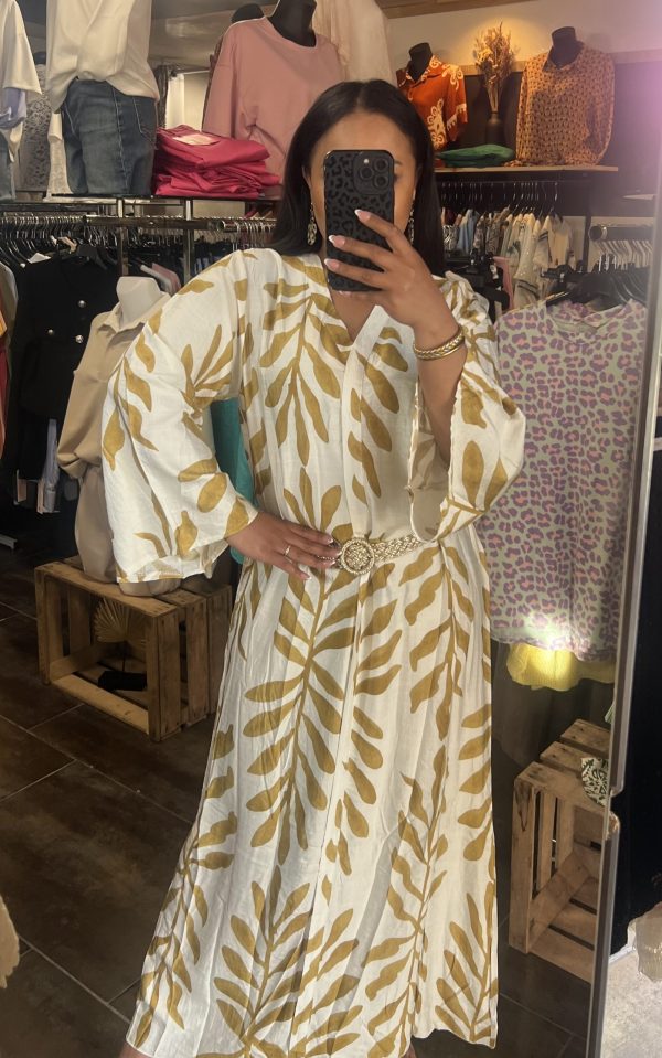 Robe longue imprimée feuillage moutarde